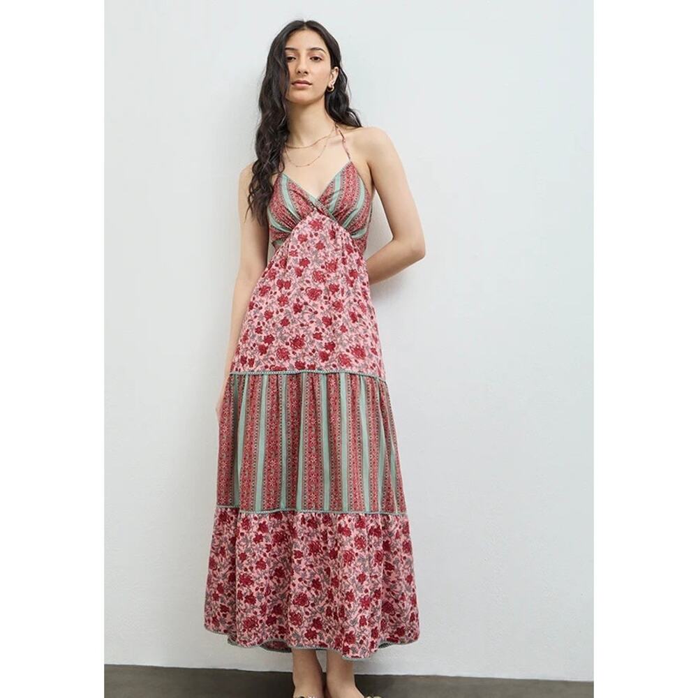 Bombay Paisley Boho Floral Halter Maxi Dress Mixed Print XS